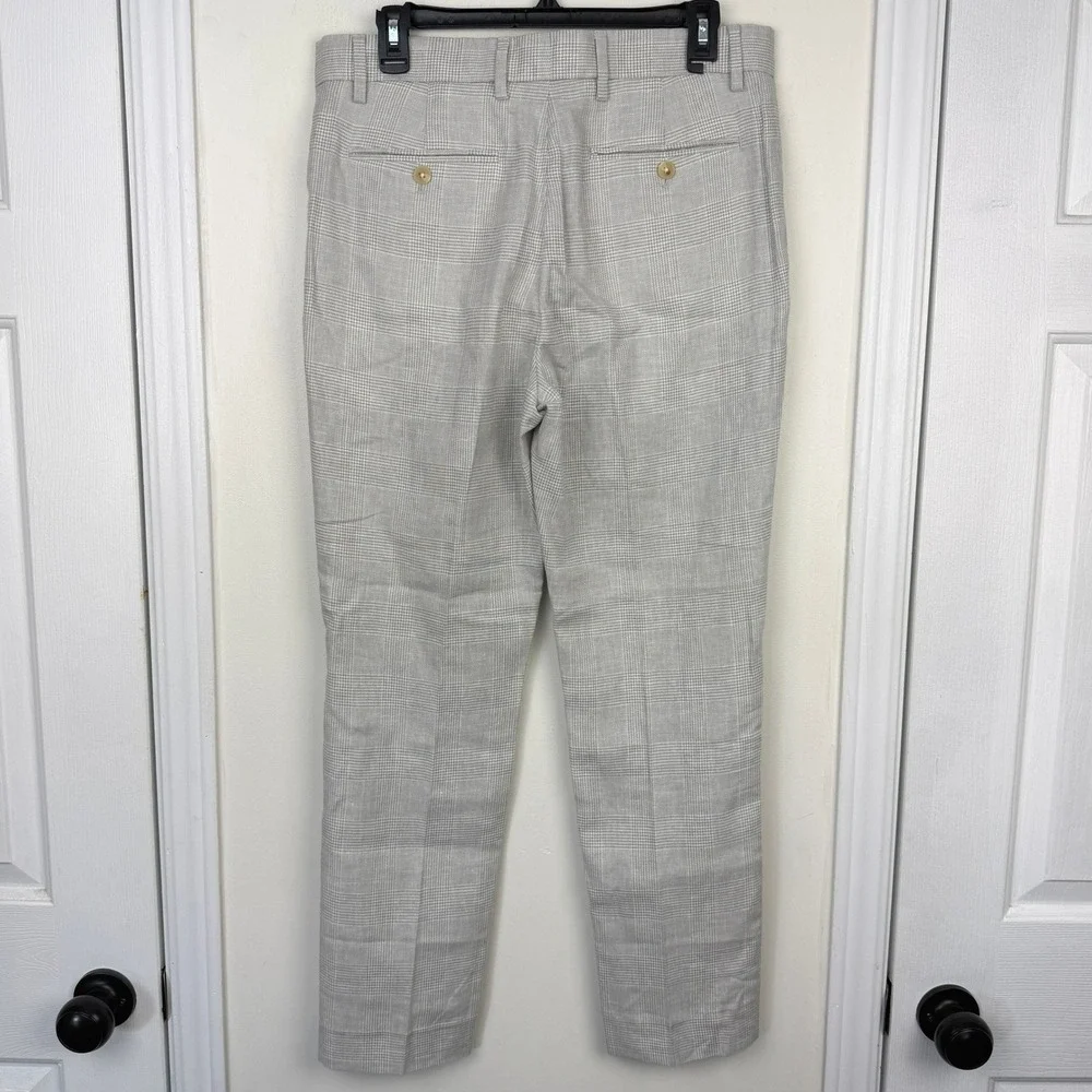 Banana Republic LINEN Blend Tailored Fit Pants Mens 31x28 Grey Glen Plaid Flat